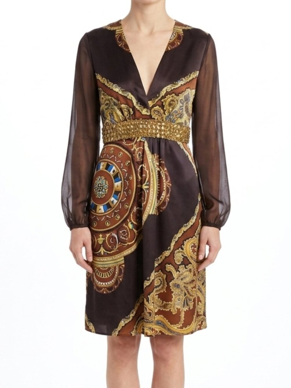 Single Dress Bejeweled Bold Print Silk Dress NEW- Sz. Sm